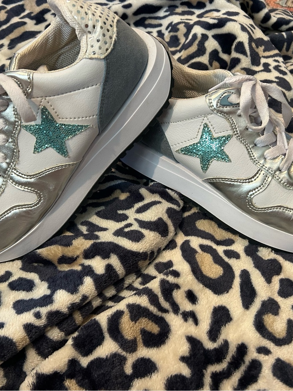 MKS White Platform Sneakers with Silver Accents & Teal Sparkly Star
